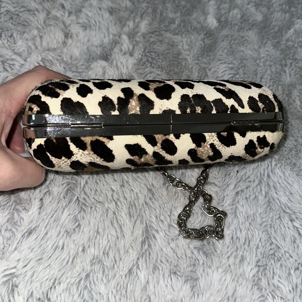 White House Black Market Leopard Haircalf Box Clutch Silver Chain Bag - Picture 6 of 12